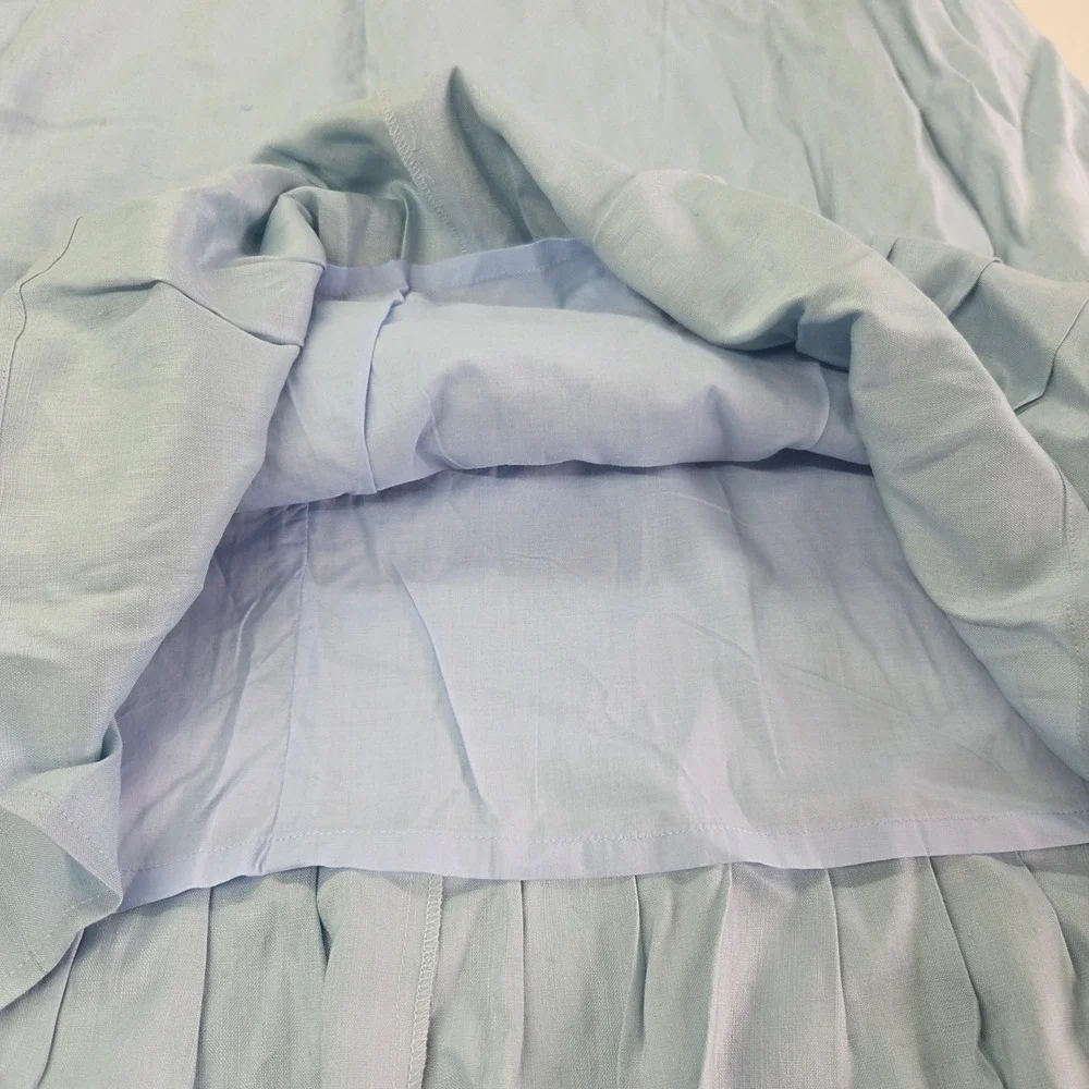 J Song Way Linen Skirt Set Women 18 Light Blue Pleated Sleeveless Button Top Vtg